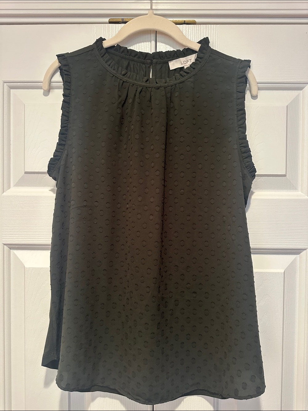 LOFT Mixed Media Dark Olive Swiss Dot Ruffle Trim Sleeveless Top size Small